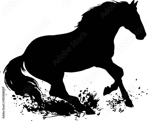High Contrast Sliding Stop Horse Silhouette in Asian Ink Brush Style - Solid Black Vector Illustration