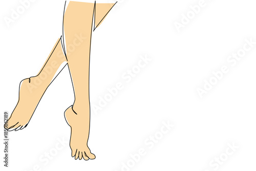 Single continuous line drawing barefoot legs crossed. Walking with a freestyle sway. Take a leisurely walk and enjoy the holiday. Tiptoe. National Go Barefoot Day. One line design vector illustration