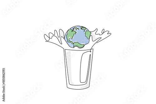 Single one line drawing a globe put into a glass of milk, milk splashes out. The pleasure of milk is recognized throughout the world. Milky. World Milk Day Continuous line design graphic illustration