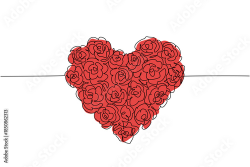 Continuous one line drawing a bouquet of roses formed into a heart shape. Symbolism of love that is getting stronger. Offering great love. Rose Festival. Single line draw design vector illustration