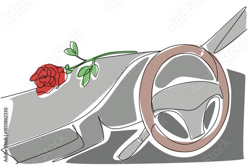 Single continuous line drawing a rose placed on the car dashboard. A beautiful rose has been prepared to be a surprise. Romanticization of feelings. Rose Festival. One line design vector illustration