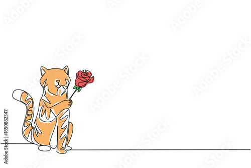 Continuous one line drawing the cat is holding a rose with one of its paws. Pets bring flowers as a sign of love for their loved ones. Cute. Rose Festival. Single line draw design vector illustration