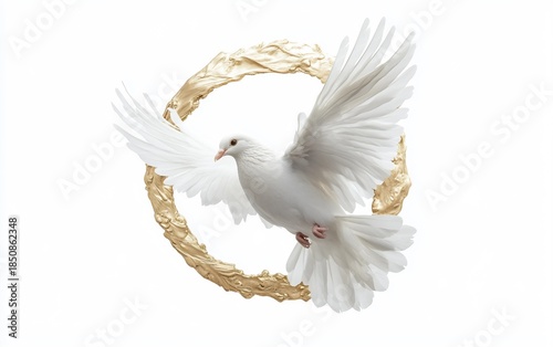 White dove with soft golden glow spiritual symbol Isolated on White Background.