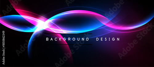Abstract neon waves over black background. Bright light flares, smooth curves create dynamic visual effect. Modern design element.