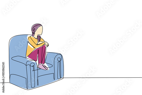 Single continuous line drawing a woman sits on a sofa and folds her legs. There is a feeling of endless anxiety. Always feel alone. National Cancer Survivors Day. One line design vector illustration