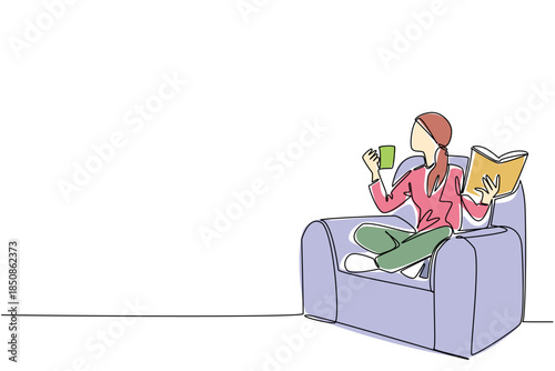 Single continuous line drawing a woman sits on a sofa crossing legs holding a book and a mug. Living a normal life. Fighting pain. National Cancer Survivors Day. One line design vector illustration