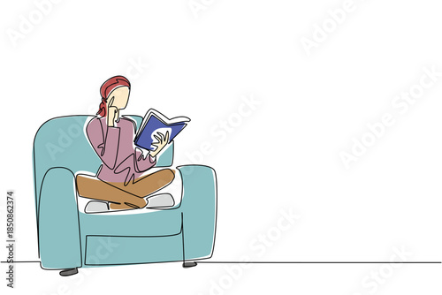 Single one line drawing a woman sitting on sofa crossed her legs holding a book. Reading to strengthen. The spirit to recover National Cancer Survivors Day. Continuous line design graphic illustration