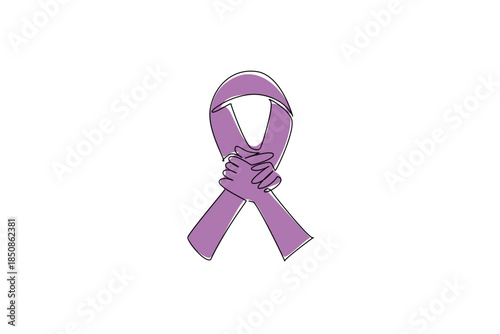 Continuous one line drawing ribbon campaign with hands holding each other in the middle. Symbol of togetherness to strengthen National Cancer Survivors Day. Single line draw design vector illustration