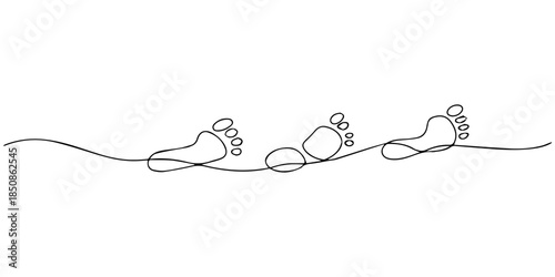 Footprint, leg silhouette adult person one continuous line drawing. Hand drawn isolated outline bare foot. Vector illustration, Continuous one line art drawing of little baby feet. Continuous one line