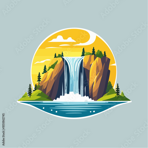 A vibrant cartoon illustration of a waterfall cascading between rocky cliffs, set against a sunny sky.