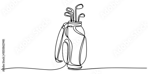 continuous line of golf bag.one line drawing of golf playing equipment.one line vector of golf bag containing several golf clubs, Golf bag continuous one line drawing. Single line art illustration 