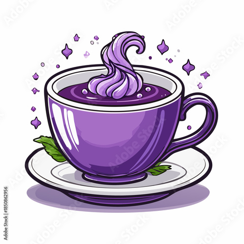 A vibrant purple teacup filled with a swirling purple liquid, resting on a white saucer with mint leaves.