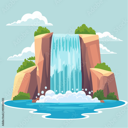 Cartoon illustration of a waterfall cascading over rocks into a pool of water.