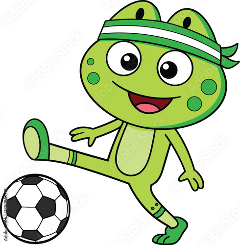 a cheerful green cartoon frog character playfully kicks a classic black and white soccer ball with enthusiasm and a sporty headband high quality professional