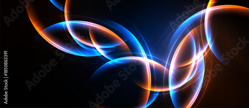 Abstract swirls, vibrant blues, oranges illuminate dark background. Dynamic energy radiates from flowing lines, creating modern visual impact.