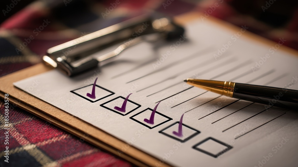 Fototapeta premium Checklist with purple checkmarks on a clipboard with a pen on plaid fabric background