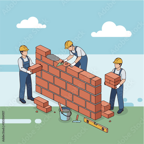 Bricklayers at Work: A team of skilled bricklayers meticulously construct a sturdy brick wall, demonstrating precision and teamwork in their craft.