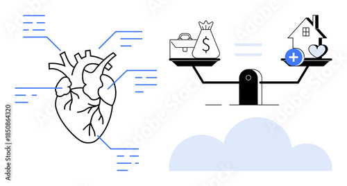 Heart anatomy. Heart health alongside a balance scale showing money and a house with healthcare symbols. Heart health and its connection to finances and well-being. Useful for healthcare, finance