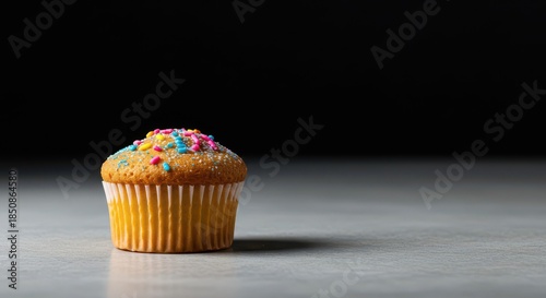 High-sugar snack food. A single, colorful frosted cupcake on a plain surface, representing superficial consumer culture and lack of nutritional depth, processed, craving, sugar