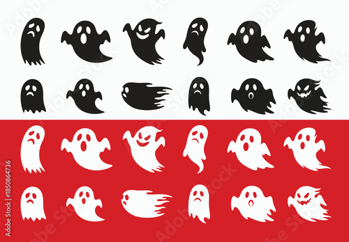 Halloween ghost icons set in black and white on red and white backgrounds