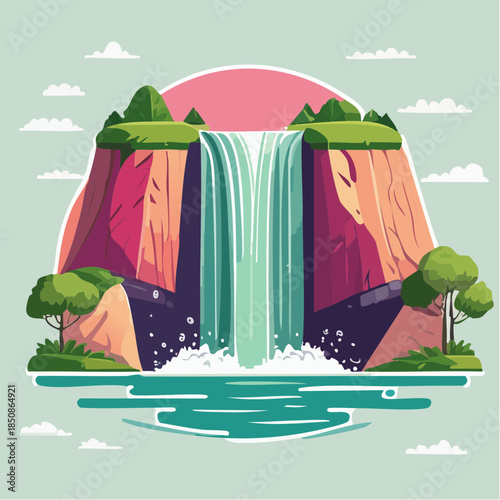 Cartoon illustration of a waterfall cascading into a pool of water.