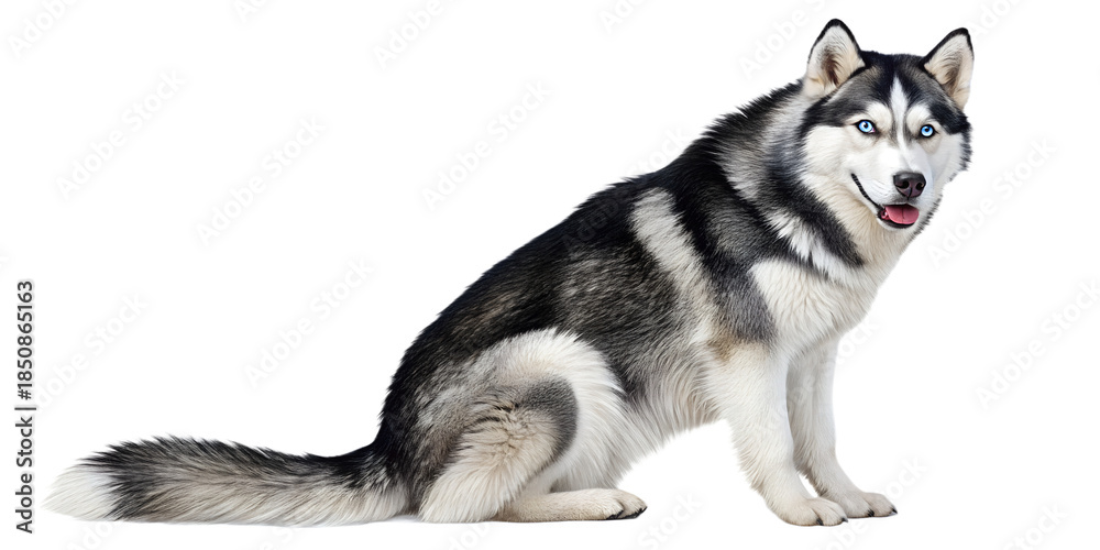 Obraz premium Siberian husky dog with blue eyes sitting and looking at the camera. Realistic portrait of a husky isolated on transparent background. Ideal for winter themes, pet brands, and animal advertising.