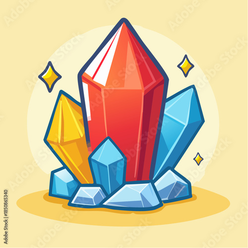 Illustration of red, yellow, and blue crystals on a light yellow background.