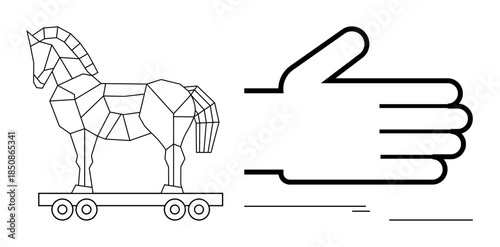 Geometric-style Trojan horse on wheels paired with a large hand gesture indicating approval or a decision. Ideal for security, deception, approval, strategy, technology, historical metaphor, simple