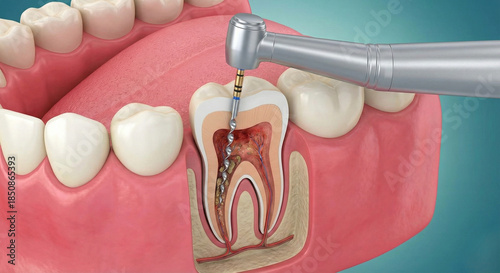 Detailed 3D medical illustration of dental root canal treatment showing endodontic procedure with drill and tooth anatomy for dentistry education and healthcare marketing