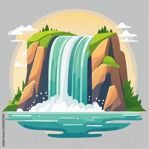 Cartoon illustration of a waterfall cascading into a pool of water.
