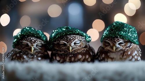 Three adorable burrowing owls wearing festive green sequined winter hats sitting together with warm bokeh lights creating magical holiday atmosphere.
