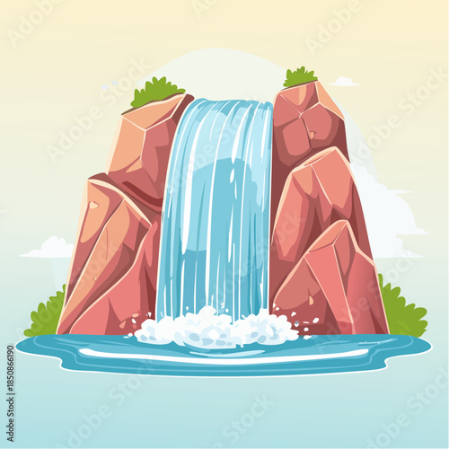 Cartoon illustration of a waterfall cascading over rocks into a pool of water.