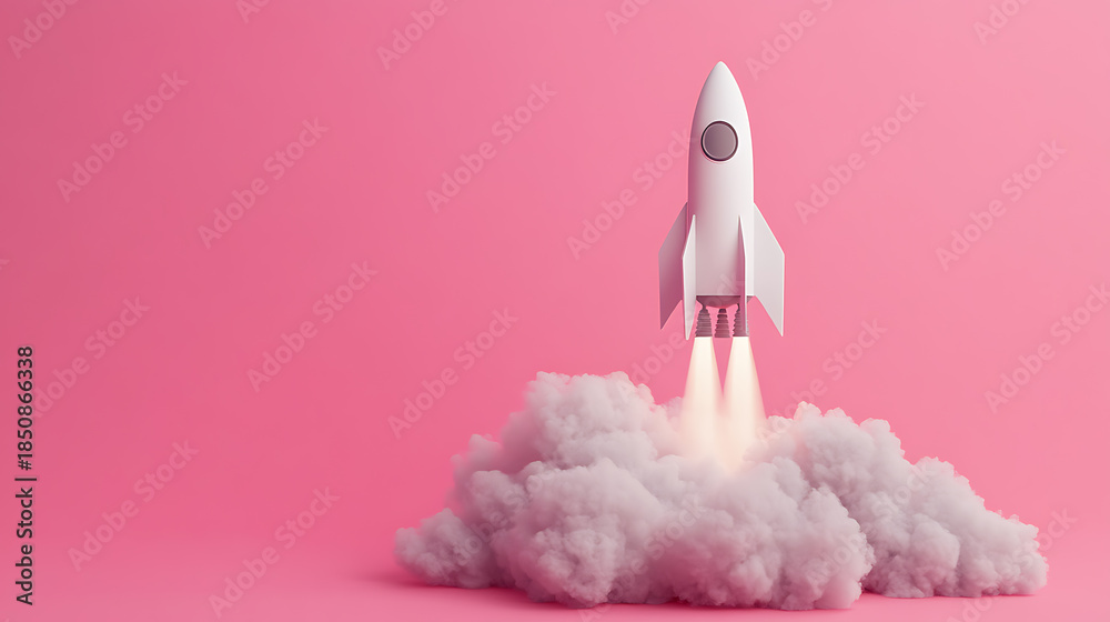 Fototapeta premium Rocket launching on a pink background symbolizing project start-up, and new venture success. Space exploration concept, innovation, and technological advancement.