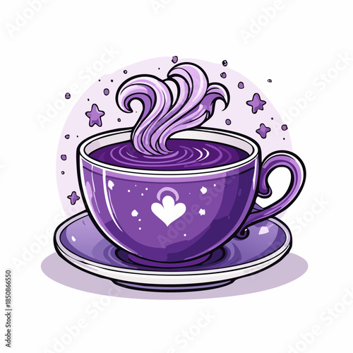 A whimsical illustration of a purple teacup filled with a swirling, magical beverage, set against a soft, dreamy background.