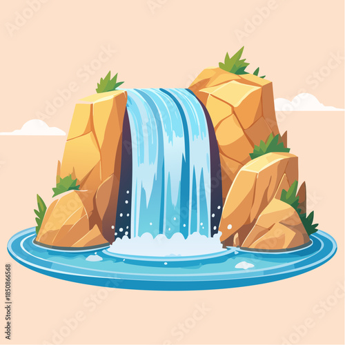 Cartoon illustration of a waterfall cascading over rocks into a pool of water.