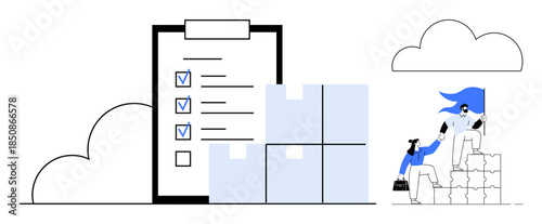 Project management, logistics solutions, task organization, delivery services, team efficiency, inventory control. Large checklist alongside boxes and worker stacking crates. Logistics solutions