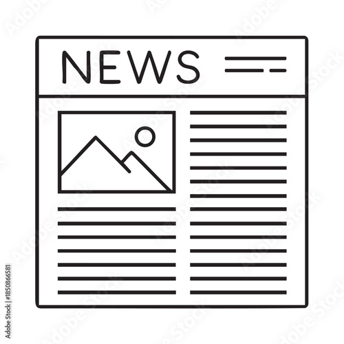 A simple black and white line drawing depicts a newspaper with a headline and placeholder image