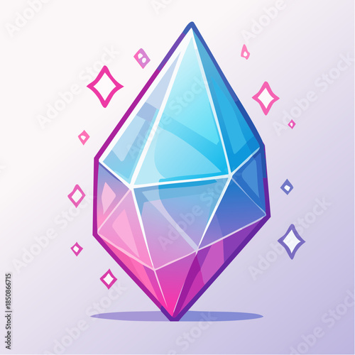 Cartoon illustration of a shiny, colorful crystal with pink and blue hues.