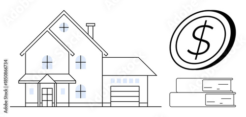 Real estate, personal finance, homeownership, savings, investments, mortgage. Image shows a house next to a dollar coin and financial graph bars. Real estate and personal finance concept