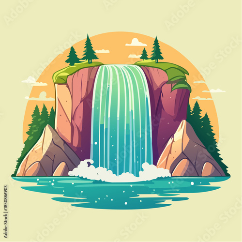Cartoon illustration of a waterfall cascading from a cliff into a pool of water, surrounded by trees and rocks.