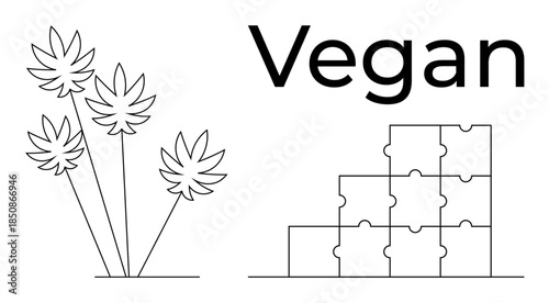 Vegan concept. Vegan ed with plant outlines and structural puzzle pieces emphasizing sustainability. Vegan advocacy for plant-based living, sustainability, eco-friendly solutions. Usable
