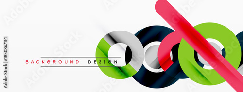 Abstract colorful layers create modern design. Overlapping shapes suggest movement, depth, visual interest. Simple text complements composition.