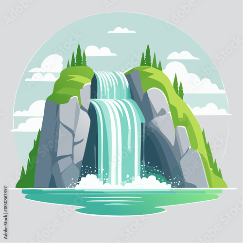 Cartoon illustration of a waterfall cascading over rocks into a pool of water.
