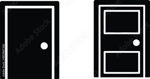 Vector icon illustration featuring two distinct interior doors, one with a minimalist flat design and another with classic panels, symbolizing entry, exit, access, and architectural elements
