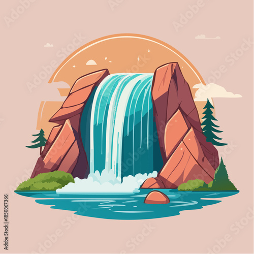 Cartoon illustration of a waterfall cascading between two rocky cliffs into a pool of water.