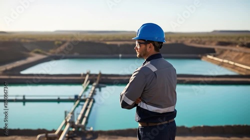 Industrial Worker Observing Water Reservoir in Oil and Gas Field Operations with Safety Gear