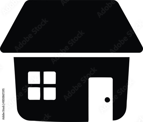 Simple flat black house icon representing home, residence, and real estate concept for websites, apps, and property-related designs. A clean graphic symbol of shelter and domesticity