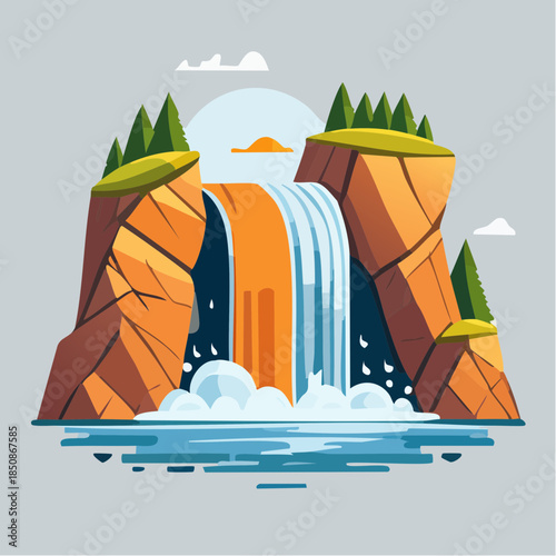 Cartoon illustration of a waterfall cascading between rocky cliffs into a pool of water.