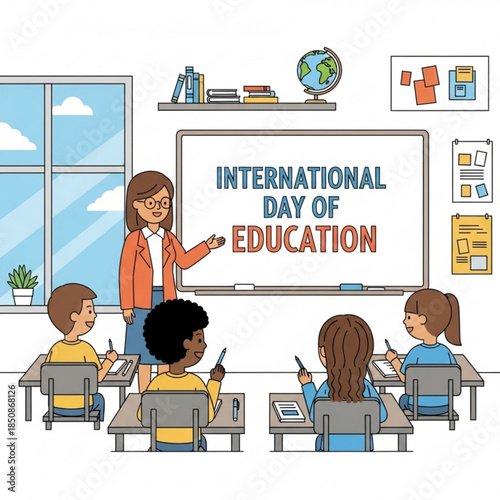 International Day of Education: A cheerful classroom scene unfolds, spotlighting a dedicated teacher enlightening a group of eager students with a lesson on a special day.