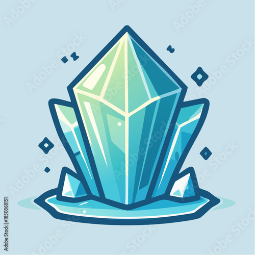 Illustration of a large, glowing blue crystal formation with smaller crystals around it.